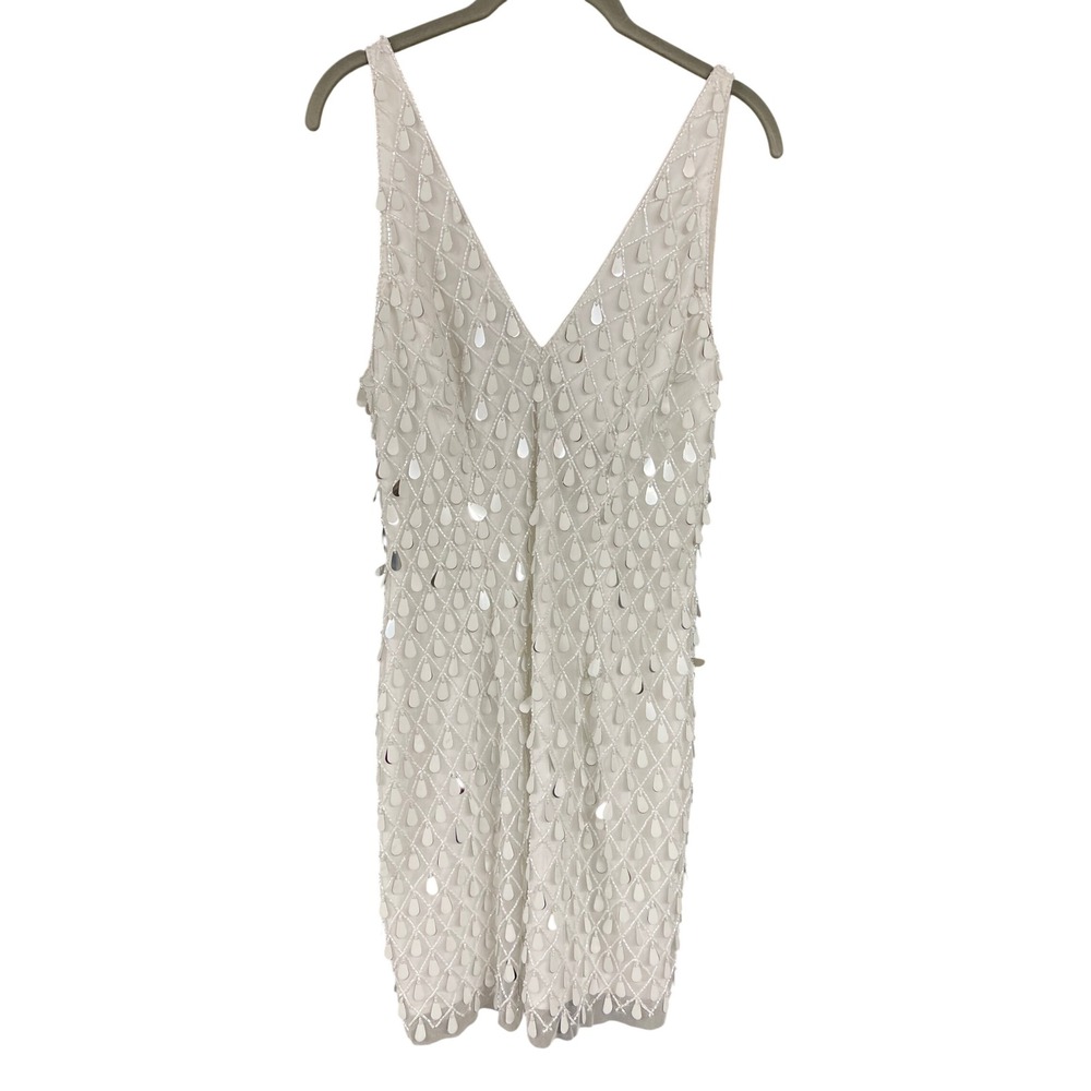 Liv Foster Beaded Sequin Lattice V-Neck Mini Dress Ivory Silver Size 6